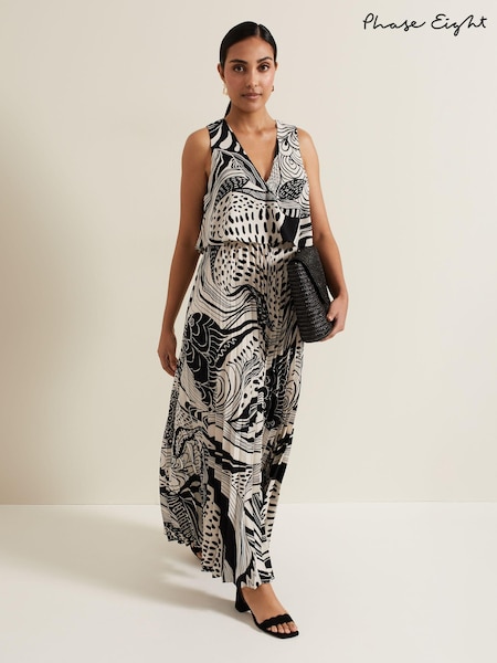 Phase Eight Black Petite Abstract Saskia Pleated Jumpsuit (E10918) | €82