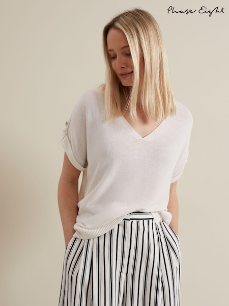 Phase Eight White Linen Laura Button Tab Top (E10919) | €50
