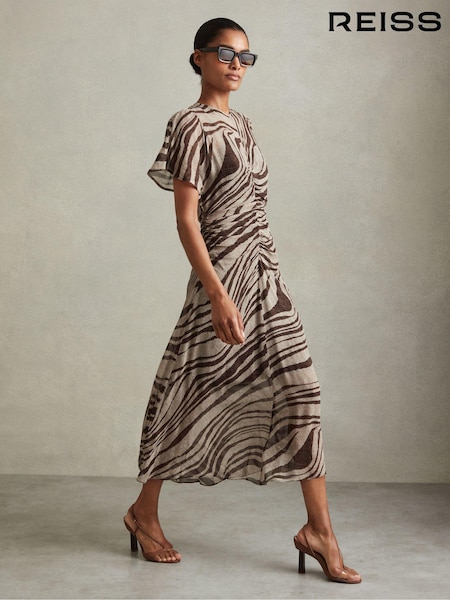 Reiss Brown/Cream Tabitha Animal Printed Midi Dress (E11008) | €84