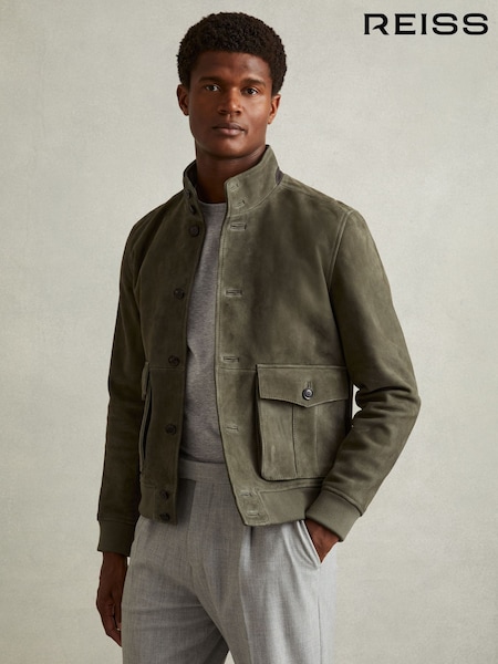 Reiss Light Khaki Green Roland Suede Harrington Jacket (E11016) | €297