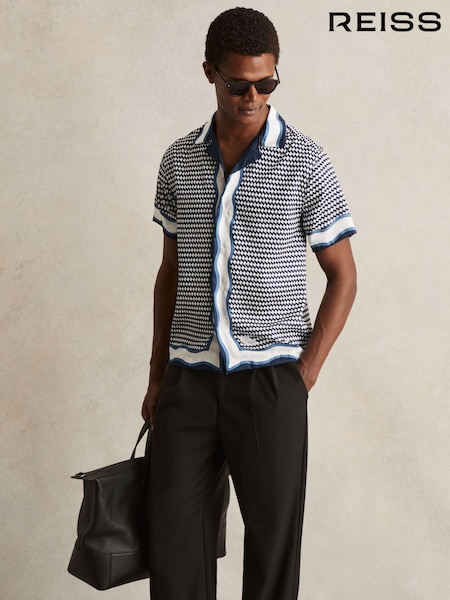 Reiss White/Navy Oe Vanpelt Geometric-Print Cuban-Collar Shirt (E11020) | €95