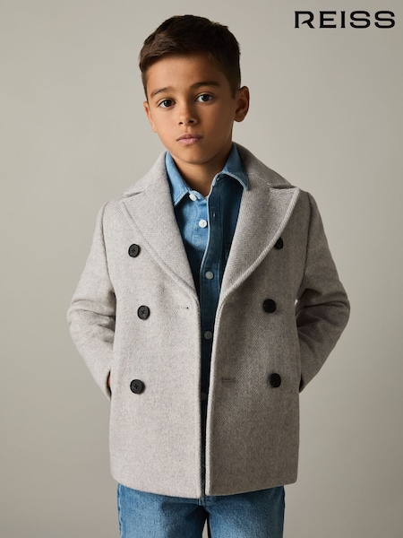 Soft Gri melanj - Palton la două rânduri de nasturi din lână și twill Reiss Bergamo (E11038) | 891 LEI