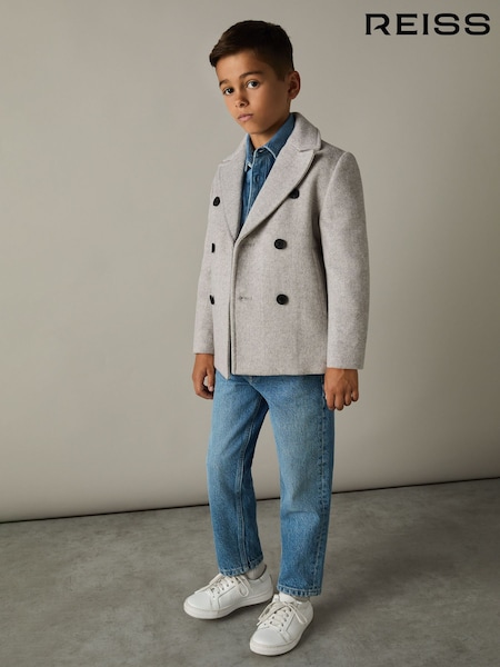 Reiss Soft Grey Melange Bergamo 3-9 yrs Wool-Blend Twill Double-Breasted Coat (E11065) | AED706