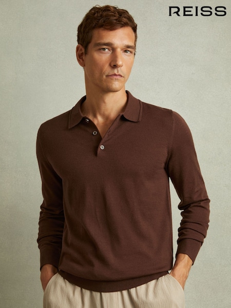 Reiss Treacle Brown Trafford Merino Wool Polo Shirt (E11078) | €70