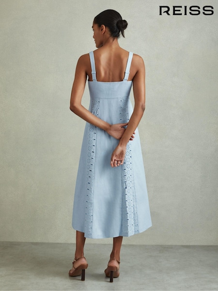 Reiss Blue Clarice Petite Linen Broderie Midi Dress (E11117) | AED1,426