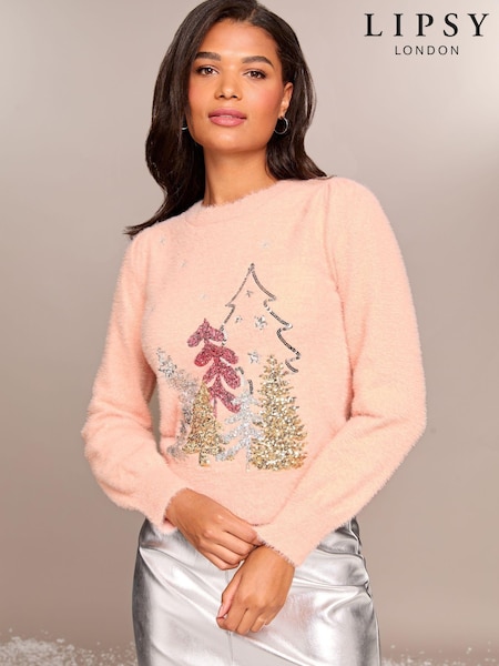 Lipsy Pink Chritsmas Tree Christmas Slogan Crew Neck Knitted Jumper (E11129) | €25