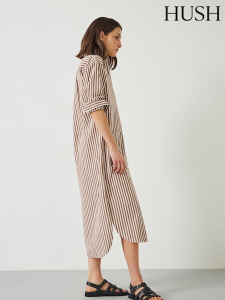 Hush Brown Sahra Maxi 100% Cotton Stripe Shirt Dress (E11345) | €59