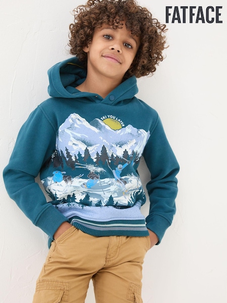 FatFace Dark Teal Blue Ski Mountain Popover Hoodie (E11396) | €18