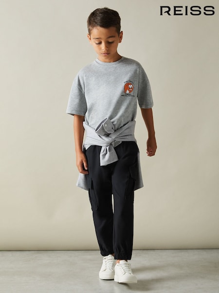 Reiss Grey Melange Nets 9-13 yrs Oversized Cotton Basketball Motif Crew Neck T-Shirt (E11900) | €35