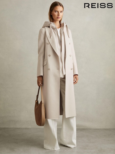 Reiss Neutral Maeve Wool Blend Double Breasted Blindseam Trench Coat (E11902) | ₪2,683