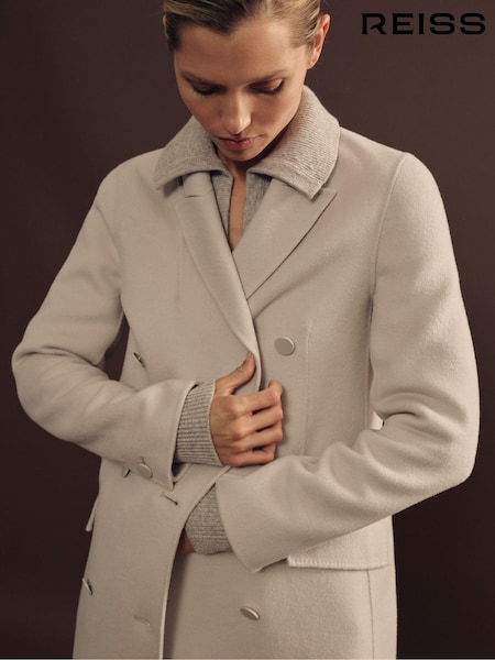Reiss Neutral Maeve Petite Wool Blend Double Breasted Blindseam Trench Coat (E11904) | 2,705 QAR