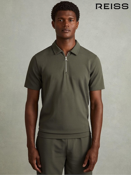 Reiss Green Smoke Albany Textured Zip-Neck Polo Shirt (E11906) | $135