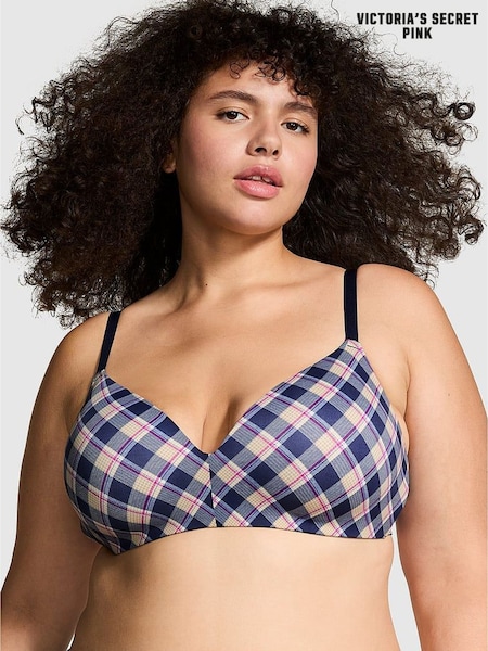 Victoria's Secret PINK Blue Navy Plaid Print Non Wired Lightly Lined Bra (E11960) | €12.50