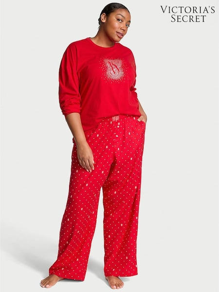 Victoria's Secret Lipstick Red Pin Dot Long Sleeve T-Shirt Flannel Pyjama Set (E11971) | €27
