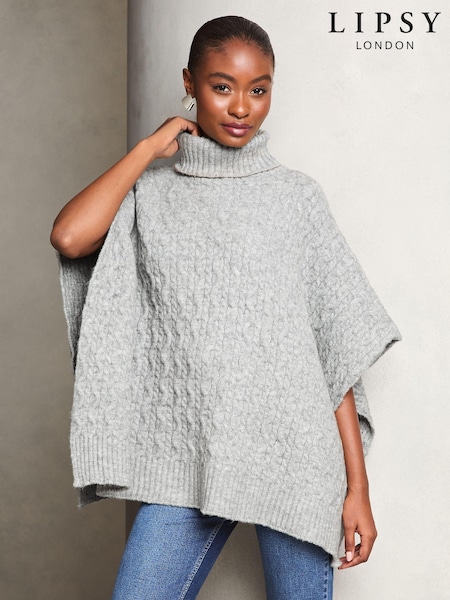 Lipsy Grey Cosy High Neck Cable Poncho (E12072) | €19