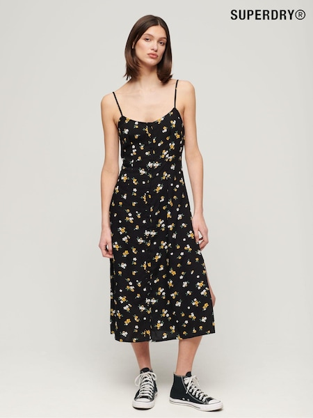 Superdry Black Printed Button-Up Cami Midi Dress (E12138) | €34