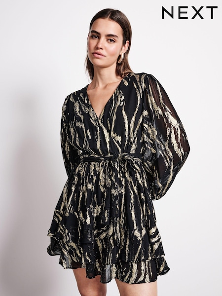 Black/Gold Mini Wrap Ruffle Dress (E12172) | 219 QAR