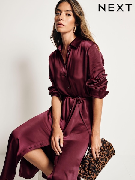 Burgundy Red Satin Midi Shirt Dress (E12173) | € 25
