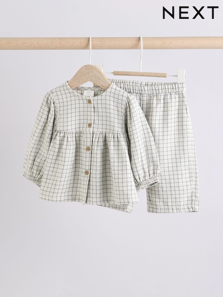 White Grid Print Woven Long Sleeve Top and Wide Leg Trousers Set (0mths-2yrs) (E12175) | kr284 - kr317