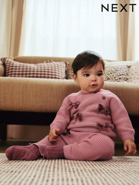 Pink 3D Bows Baby Knitted 100% Cotton Jumper and Leggings Set (0mths-2yrs) (E12223) | €29 - €32