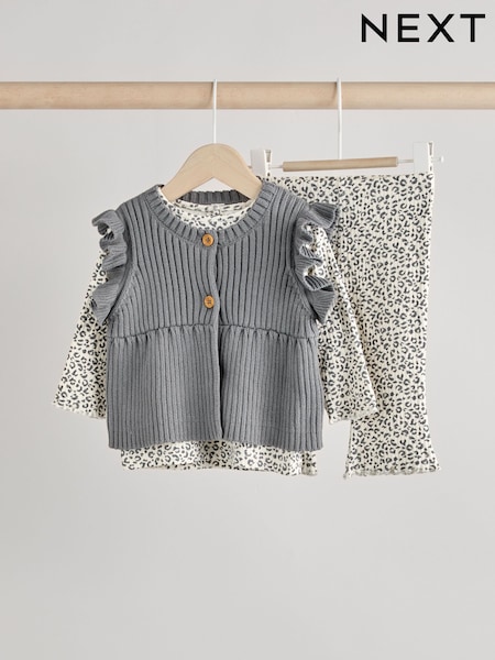 Grey Leopard Print Baby 100% Cotton Long Sleeve Top Knitted Waistcoat and Leggings Set 3 Piece (0mths-2yrs) (E12225) | AED63 - AED71