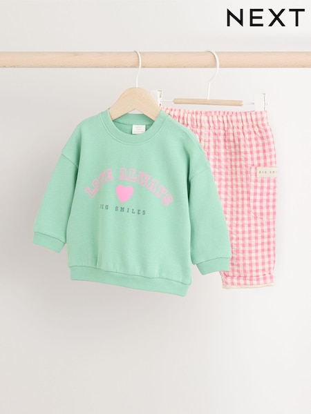 Green/Pink Gingham Baby Sweat Jumper and Woven Trousers Set (E12237) | AED53 - AED56