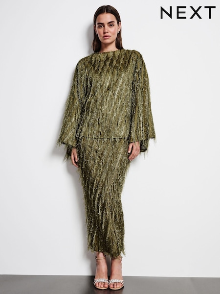 Green Sparkle Fringe Maxi Skirt (E12238) | AED161