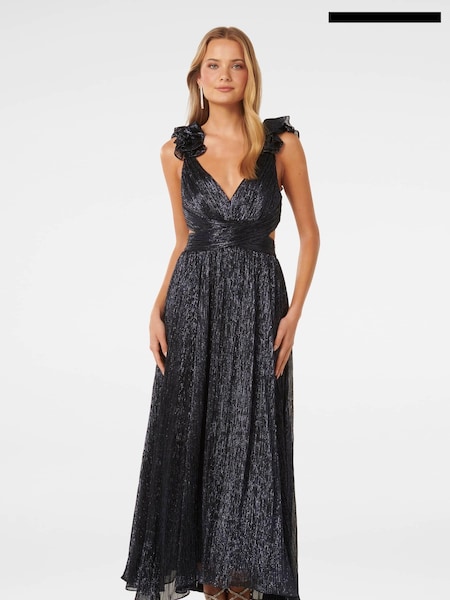 Forever New Black Selena Plisse Ruffle Shoulder Maxi Dress (E12265) | €83