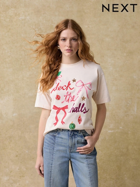 Ecru Christmas Short Sleeve 100% Cotton T-Shirt (E12281) | €11