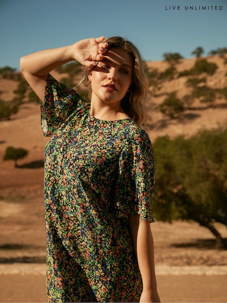 Live Unlimited Black Curve Floral Flutter Sleeve Midaxi T-Shirt Dress (E12379) | €50