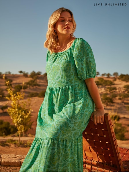 Live Unlimited Green Curve Paisley Puff Sleeve Maxi Dress (E12381) | €50