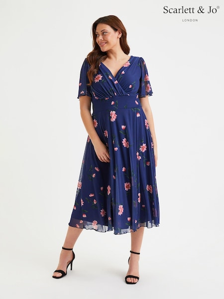 Marineblau/blau - Scarlett & Jo Victoria Angel Sleeve Mesh Midi long Dress (E12386) | 133 €