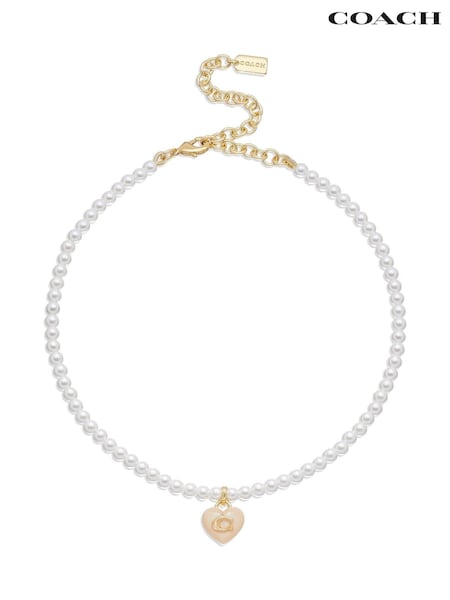 Coach Gold Tone Signature Heart Pearl Choker Necklace (E12391) | €150