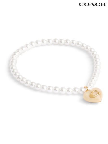 COACH Gold Tone Signature Heart Charm Pearl Bracelet (E12415) | €99