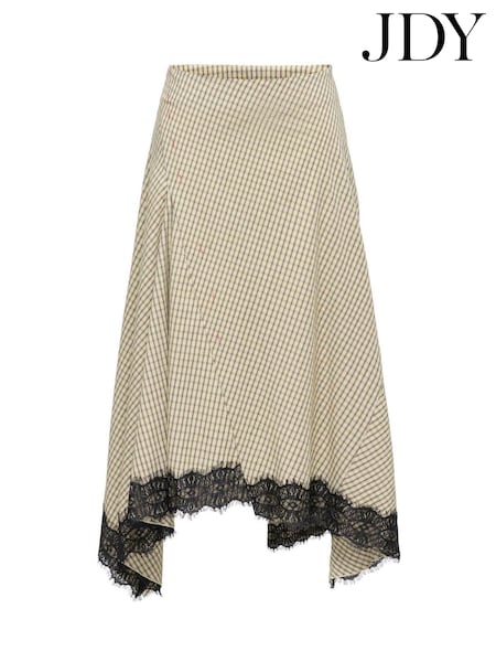 Bianco - Jdy Asymmetric Check Midi Skirt With Lace Trim