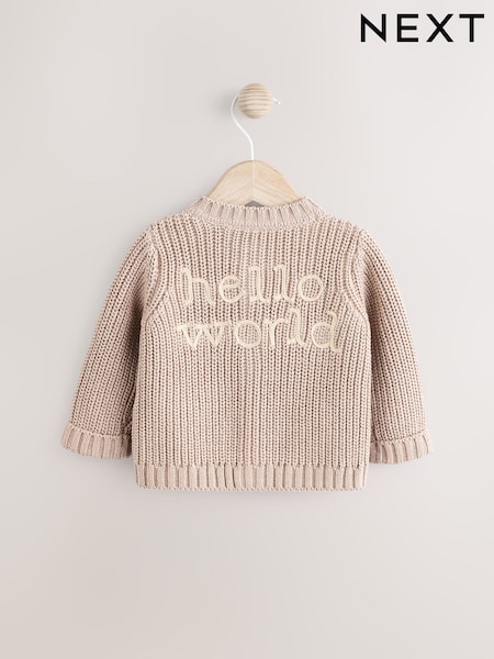Hello World Neutral - Chunky Knitted Embroidered Baby Cardigan (E12478) | 22 € - 25 €