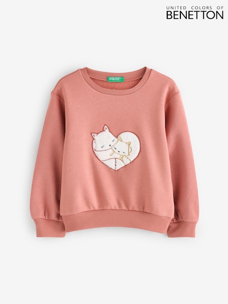 Benetton Pink Sweatshirt With Ribbed Neck Cuffs And Hem Cat Detail (E12496) | ‏141‏₪