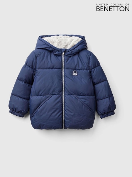 Benetton Blue Nylon Padded Jacket With Feather Teddy Faux Fur Lined Hood (E12499) | R$ 455