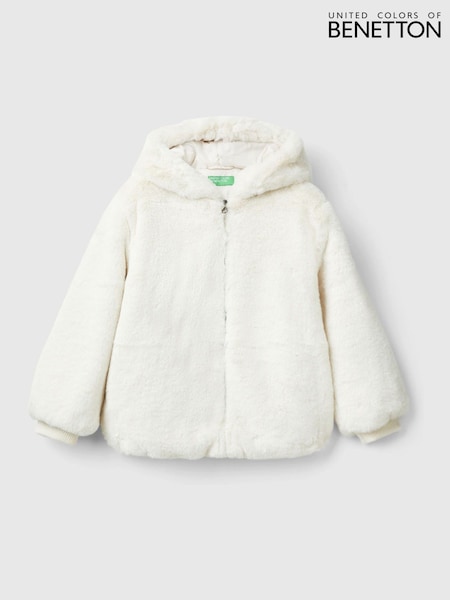 Benetton Cream Smooth Faux Fur Hooded Jacket Long Sleeved With Ribbed Cuff And Logo Zip (E12513) | ‏174 د.إ.‏