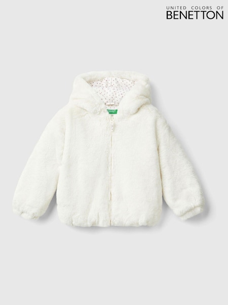 Benetton Cream Faux Fur Coat With Hood And All Over Lining (E12514) | AED145