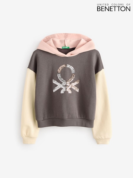 Benetton Cropped Pull On Black Hoodie Ribbed Cuffs And Hem With Sequin Embroidery On Front (E12520) | €25