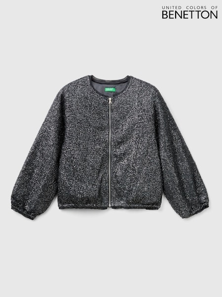 Benetton Small Sequins Fabric Bomber Black Jacket With Logo Zip (E12525) | ‏146 ر.س.‏