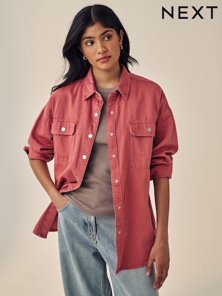 Rose Pink Print Oversized Denim 100% Cotton Shirt (E12613) | $54