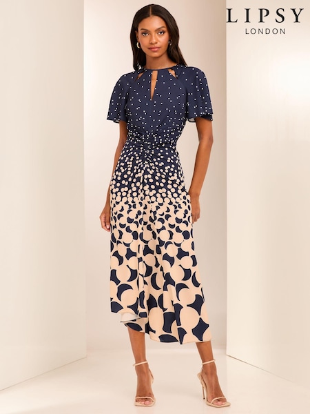 Lipsy Navy Ruched Front Keyhole Cut Out Asymmetrical Midi Dress (E12645) | 175 QAR