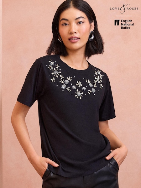 Love & Roses Embellished Jersey T-Shirt (E12676) | 133 LEI