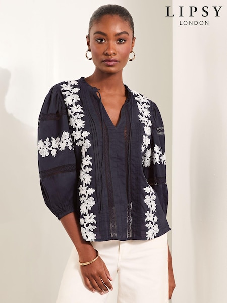 Navy Blue - Lipsy 3/4 Sleeve Embroidered Tie Neck Blouse (E12688) | 199 LEI