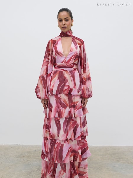 Pretty Lavish Pink Anya Plunge Neck Tied Waist Ruffle Maxi Dress (E12707) | €56