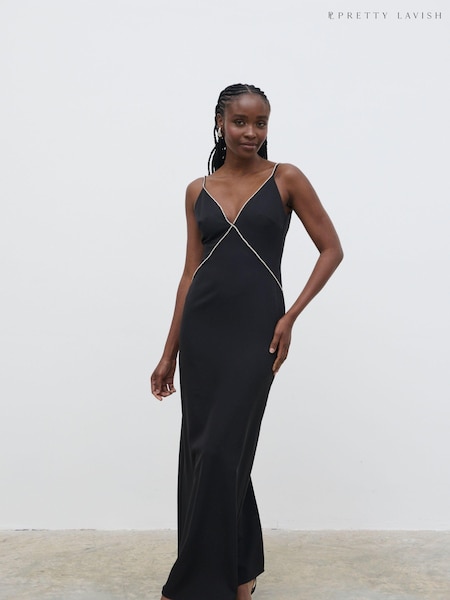 Pretty Lavish Black Val Plunge Embellished Maxi Dress (E12709) | €60