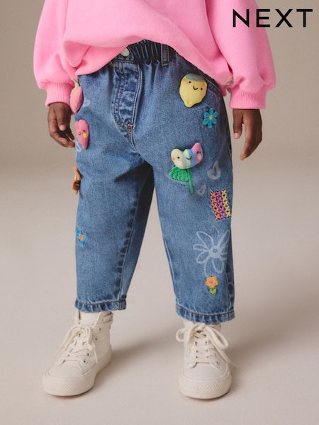 Mid Blue Denim Pull-On Embroidered 100% Cotton Jeans (3mths-7yrs) (E12750) | €16 - €18