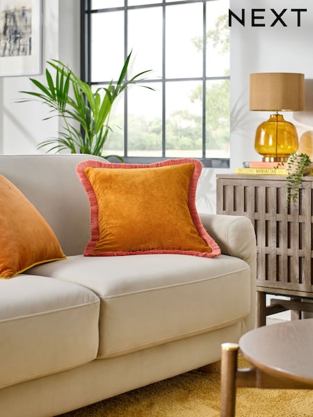 Orange/Pink Soft Velour Contrast Fringe 45 x 45cm Cushion (E12762) | 49 QAR